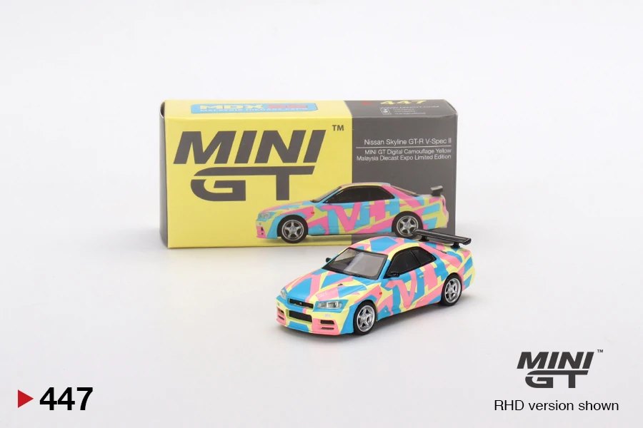 Hot Wheels Nissan Skyline GT-R (R34) V-Spec II MINI GT Digital Camouflage Yellow