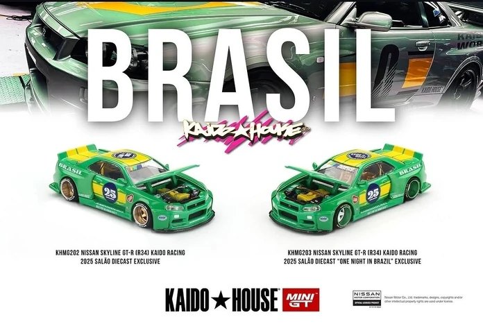 Hot Wheels Nissan Skyline GT-R (R34) Kaido Racing 2025 Salão Diecast "One Night In Brazil" Exclusive