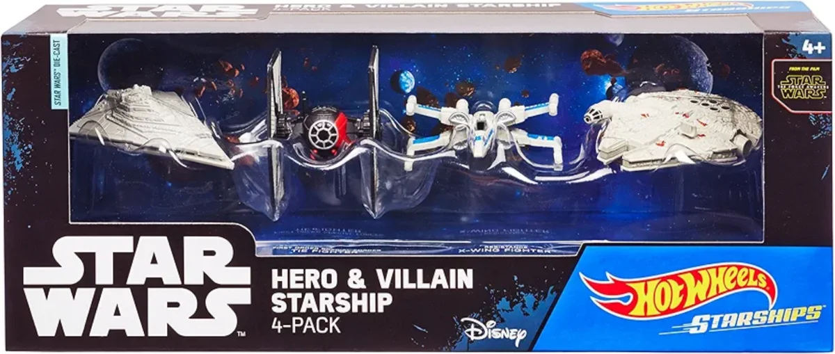 Hot Wheels First Order Star Destroyer, First Order Special Forces TIE Fighter, Resistance X-wing Fighter and Millennium Falcon