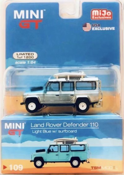 Land Rover Defender 110 Light Blue w/ Surfboard