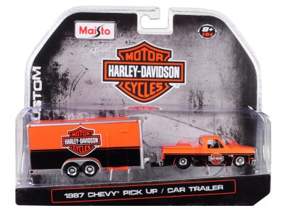 Pickup Truck with Enclosed Car Trailer Orange and