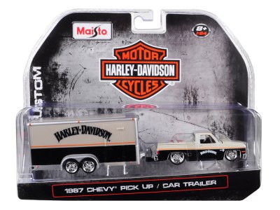 Chevrolet Pickup Truck With Enclosed Car Trailer Pearl Beige/ Silver And Black "Harley Davidson"