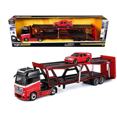 Mercedes-Benz Actros Open Car Hauler Red And Black With White Stripes And 1990 190 E Red "Transporters" Ser