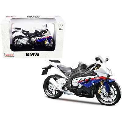 BMW S 1000 RR White With Blue And Red Stripes With Plastic Display Stand Diecast Motorcycle