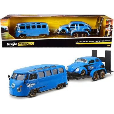 Volkswagen Van Samba With Beetle And Flatbed Trailer Blue "Kool Kafers" Set of 3 Pieces "Elite Transport" Series Cars By