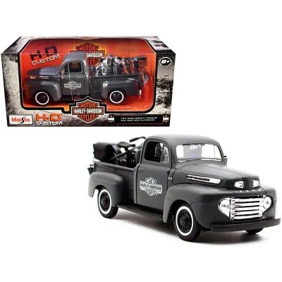 Ford 1948 F-1 Pickup Truck And 1942 Harley-Davidson WLA Flathead Motorcycle Matt Dark Gray "Harley-Davidson Custom"