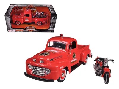 Ford 1948 F-1 Pickup Truck "Harley Davidson" Fire Truck And 1936 El Knucklehead Motorcycle