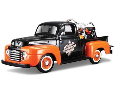 Ford F-1 Pickup Truck With 1958 Harley Davidson FLH Duo Glide Motorcycle Orange And