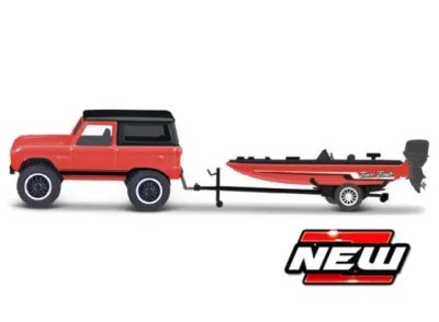Ford Bronco With Trailer And Bass Boat, Red/Black